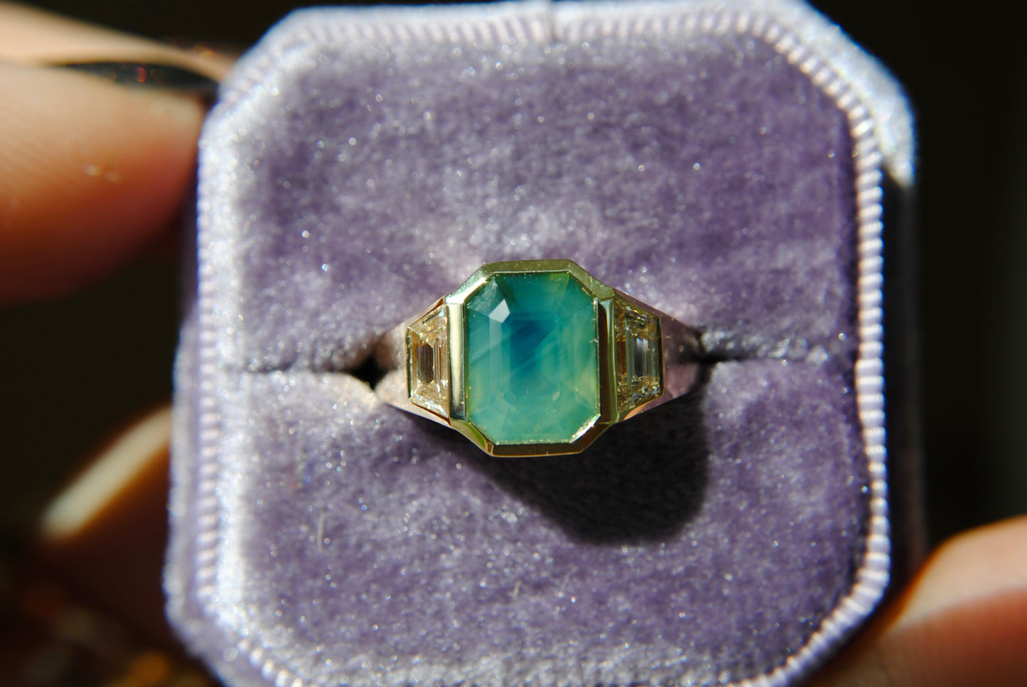 Chunky Signet Ring - Teal Green Opalescent Sapphire + Trapezoid Diamonds