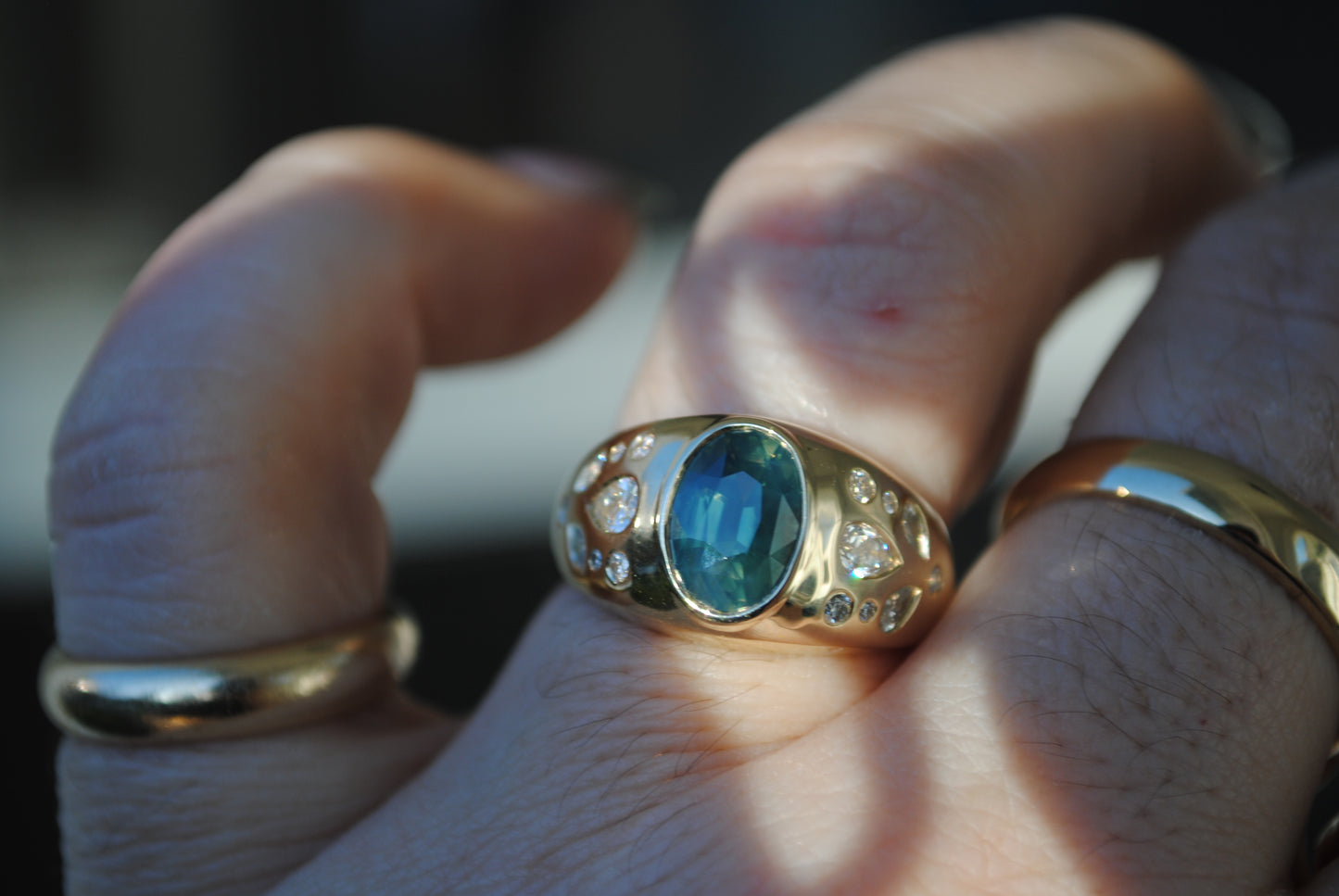 Pear Sprinkle Heavyweight Bombe Ring, 2.55 Opalescent Teal Sapphire