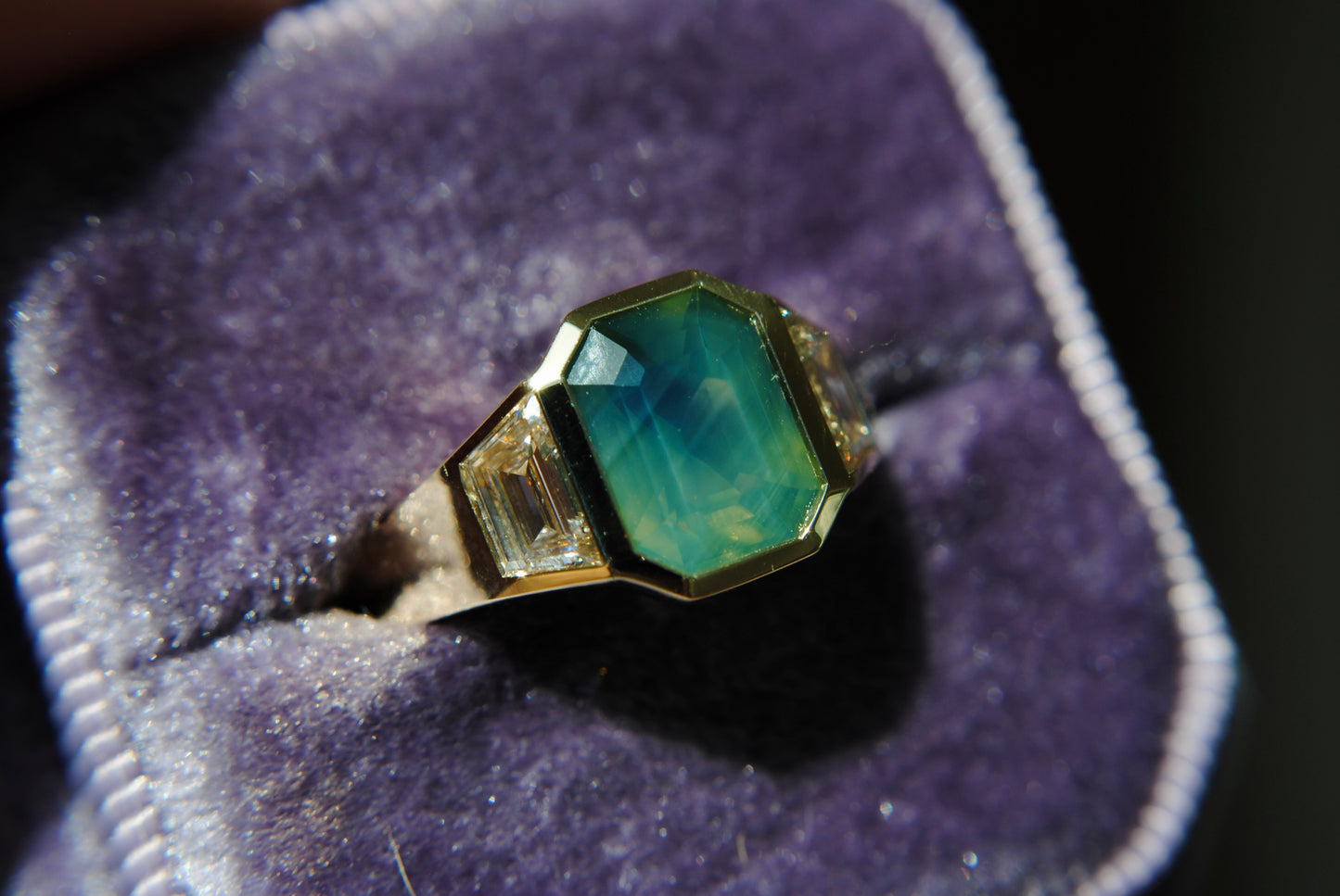 Chunky Signet Ring - Teal Green Opalescent Sapphire + Trapezoid Diamonds