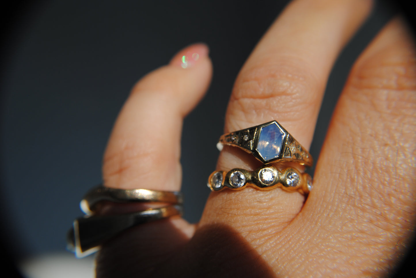 ENGRAVED HEXAGON SAPPHIRE RING - 1.12 CARAT POWDER BLUE NATURAL OPALESCENT SAPPHIRE - ONE OF A KIND
