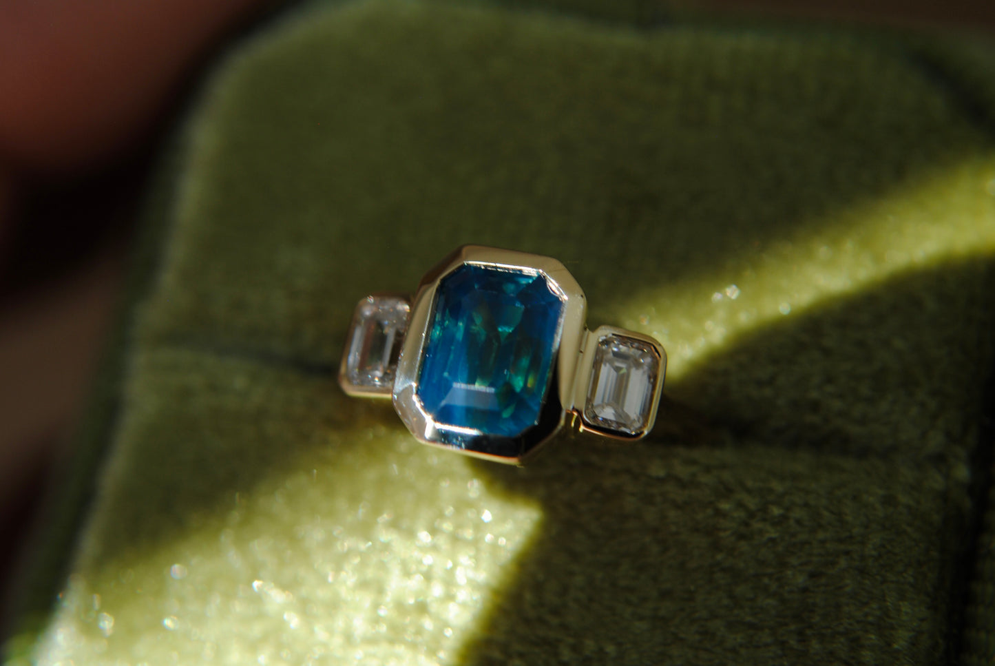 Opalescent Teal Peacock Sapphire + Emerald Cut Diamonds