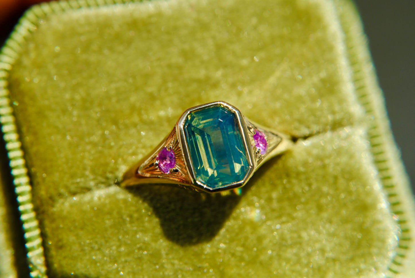 TEAL AND PINK SAPPHIRE VERTICAL SIGNET RING - ONE OF A KIND
