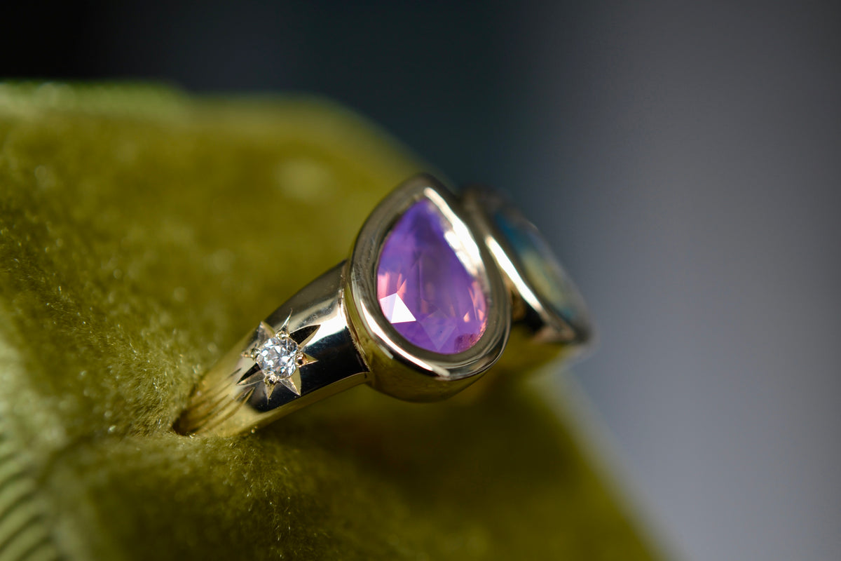 TOI ET MOI ONE OF A KIND - 1.1CT PURPLE PEAR SAPPHIRE + 1.54CT TEAL CUSHION SAPPHIRE