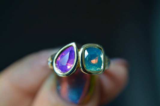 TOI ET MOI ONE OF A KIND - 1.1CT PURPLE PEAR SAPPHIRE + 1.54CT TEAL CUSHION SAPPHIRE