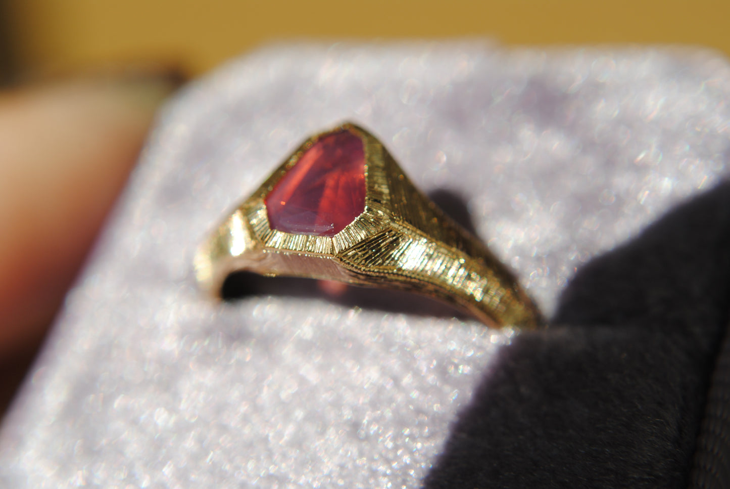 Engraved Shield Ring, 1.04 carat silky pink/red spinel