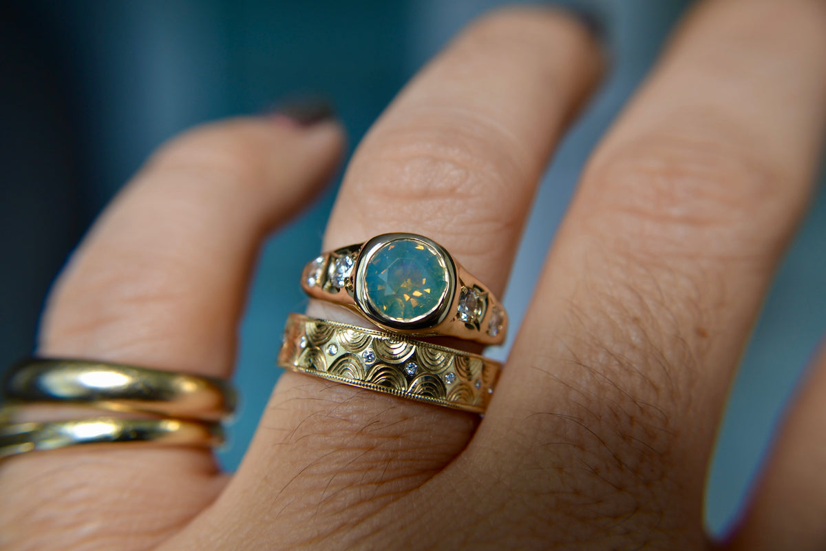 MOLTEN ORGANIC BEZEL RING - 1.75CT GLOWING SAPPHIRE AND OLD EUROPEAN CUT DIAMONDS