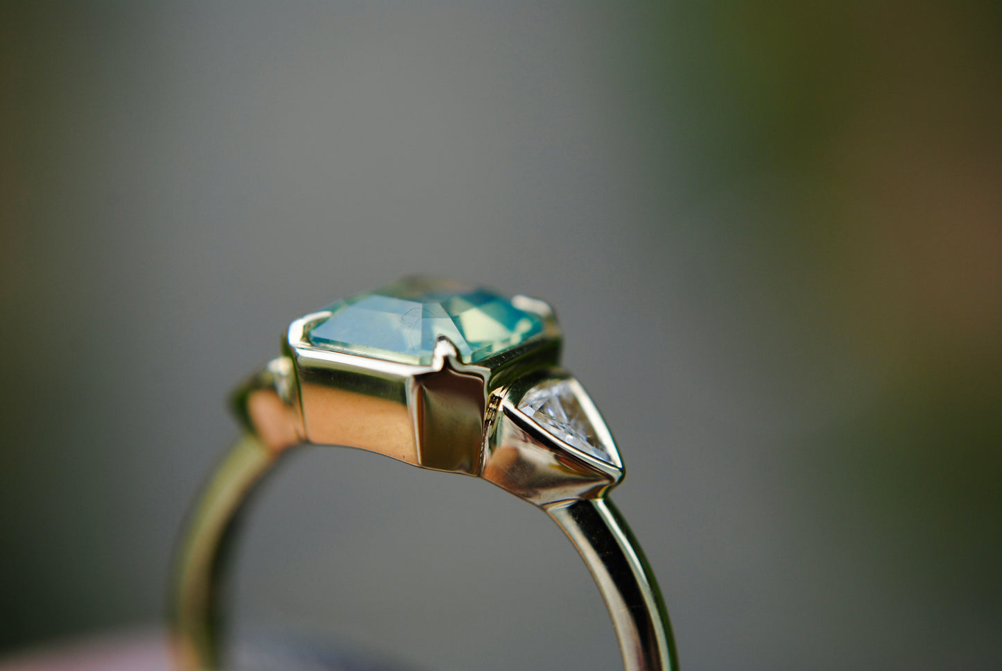 2.04 carat Opalescent Parti Sapphire + Trillion Diamond Ring