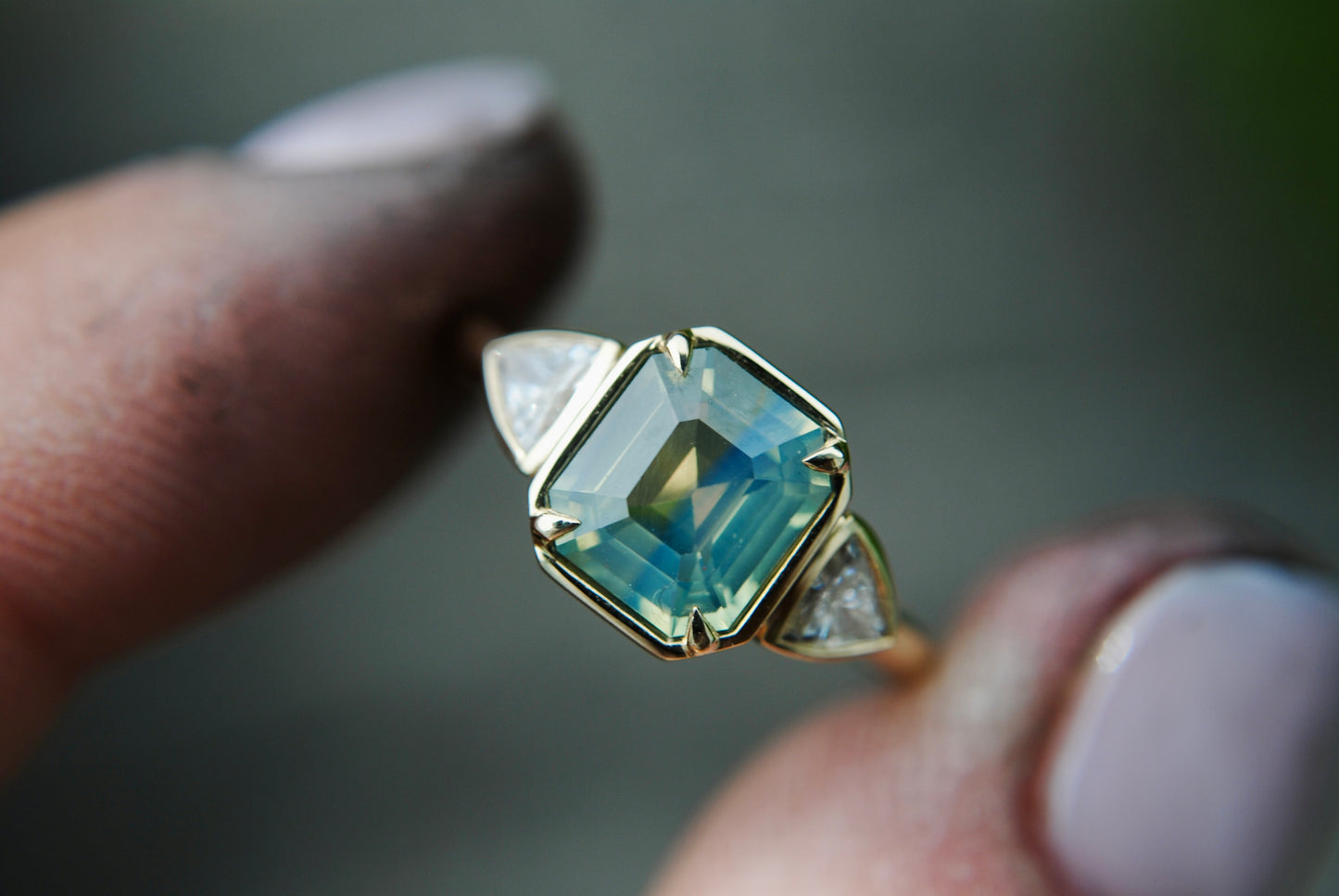 2.04 carat Opalescent Parti Sapphire + Trillion Diamond Ring