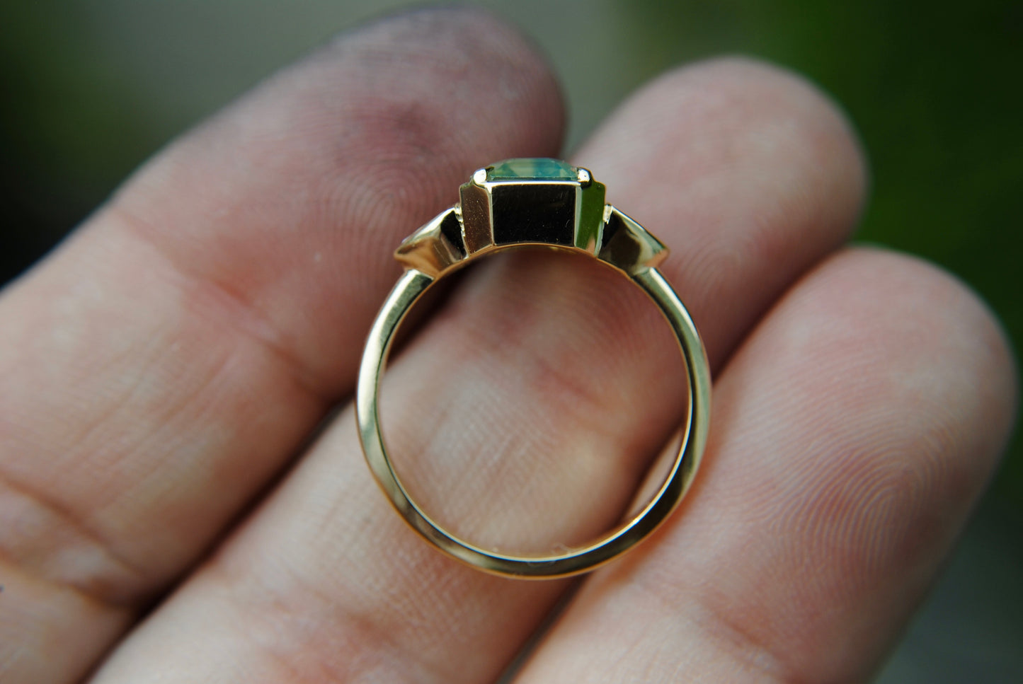 2.04 carat Opalescent Parti Sapphire + Trillion Diamond Ring