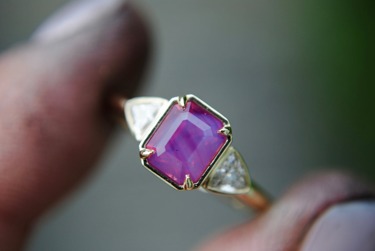 1.56 carat Opalescent Pink Sapphire + Trillion Diamond Ring