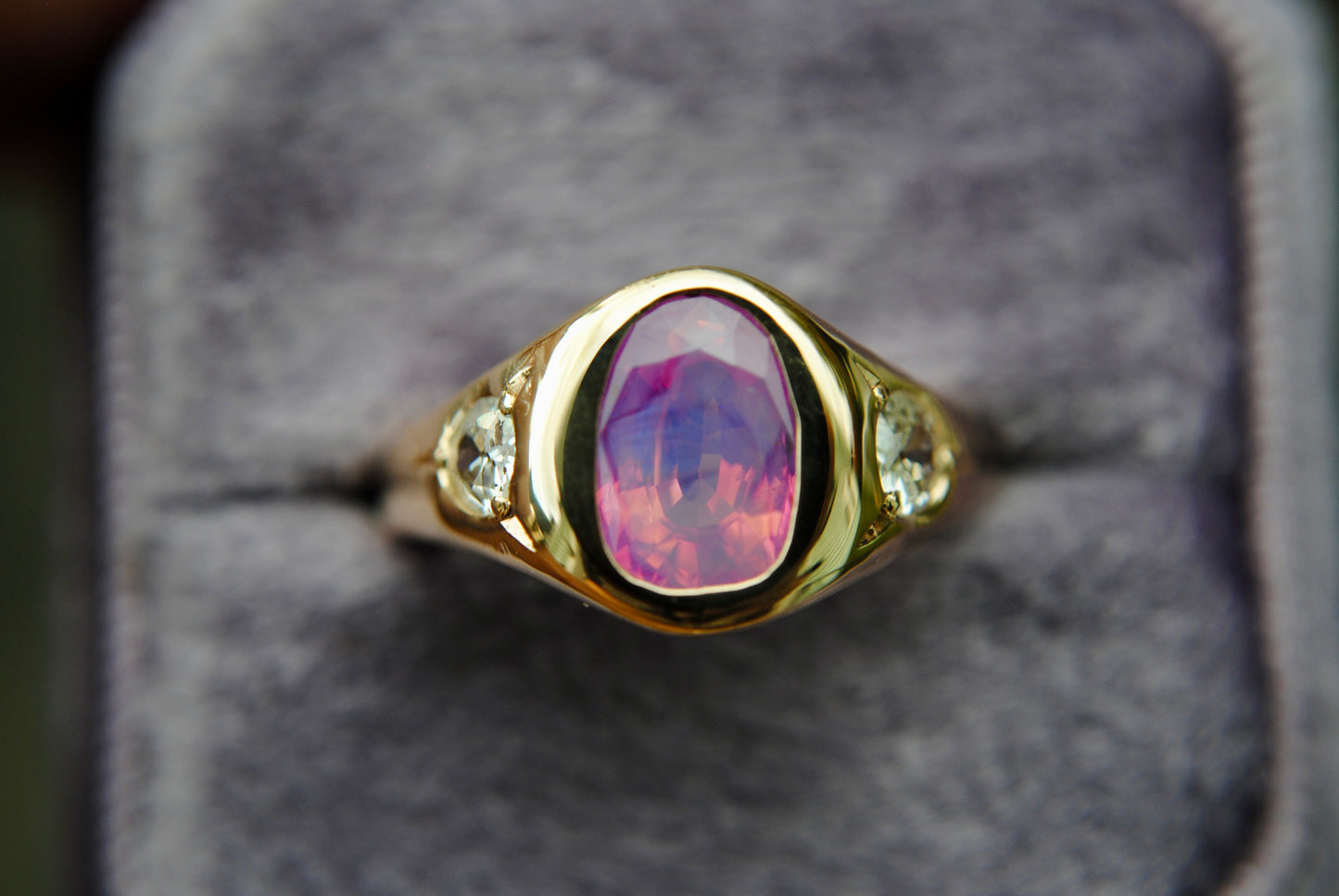 2.04 carat opalescent pink sapphire with antique diamonds