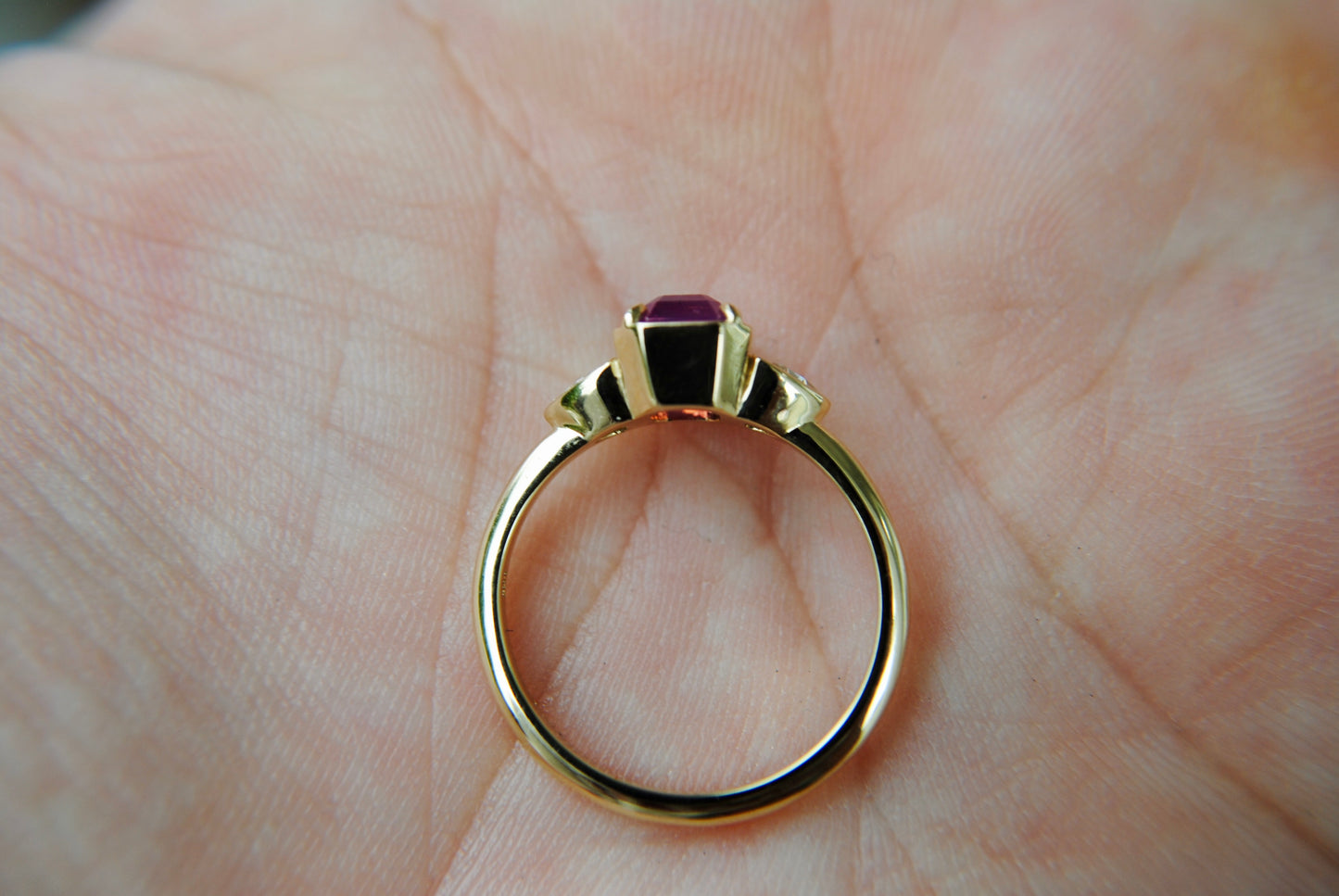 1.56 carat Opalescent Pink Sapphire + Trillion Diamond Ring
