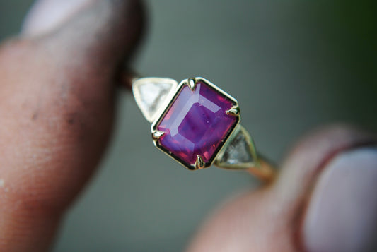 1.56 carat Opalescent Pink Sapphire + Trillion Diamond Ring