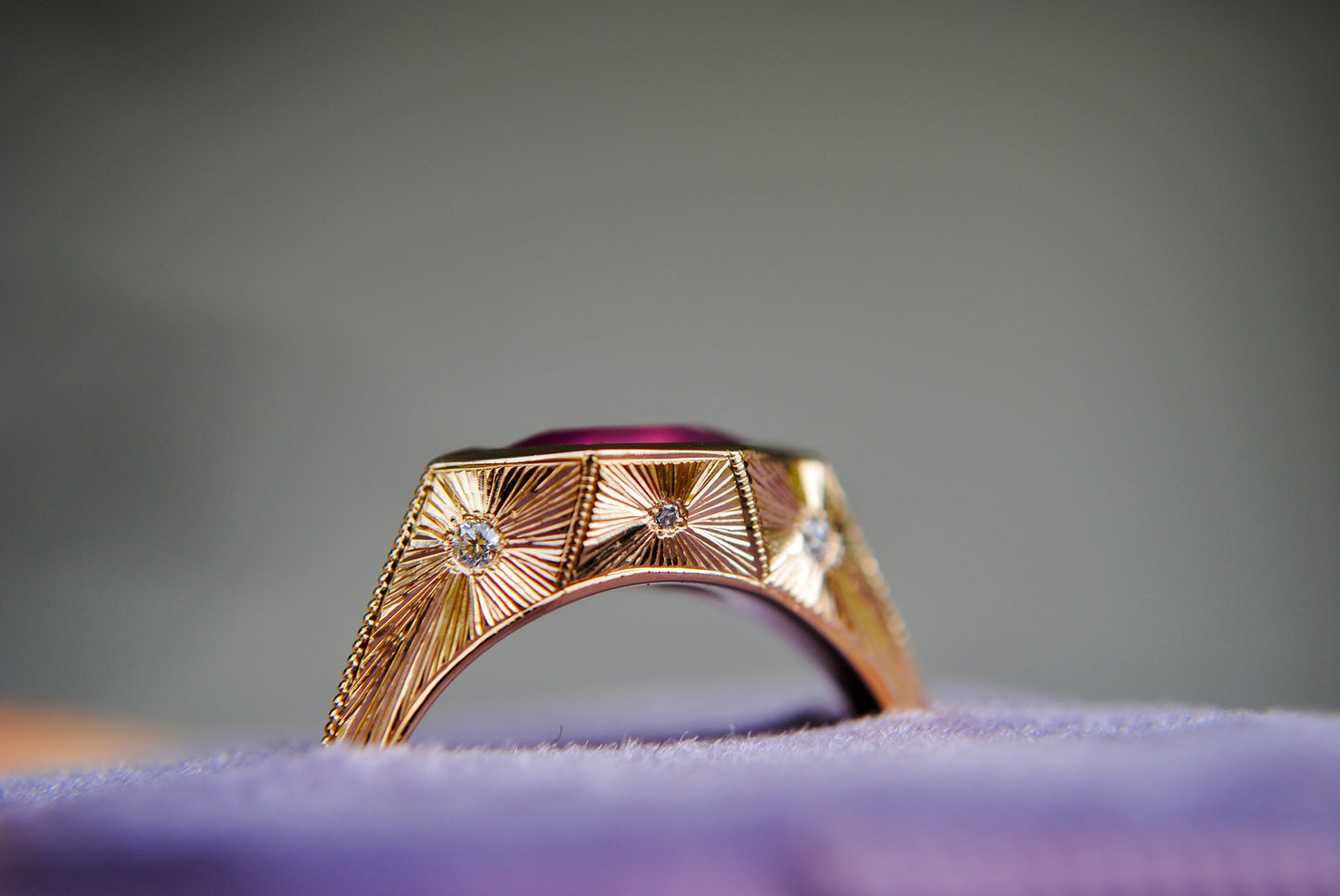 2.05 carat pink hexagon opalescent sapphire engraved signet