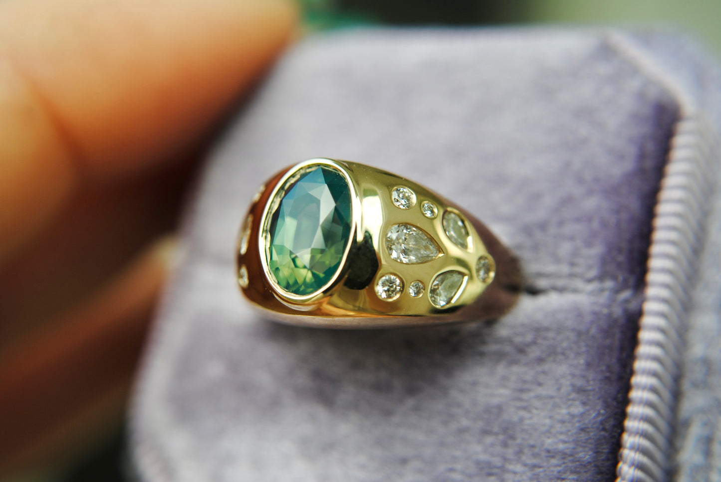 Pear Sprinkle Heavyweight Bombe Ring, 2.55 Opalescent Teal Sapphire